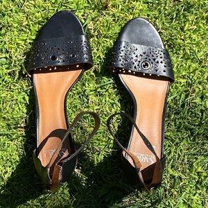 Franco Sarto Black Heeled Sandals w Geo Cutouts.